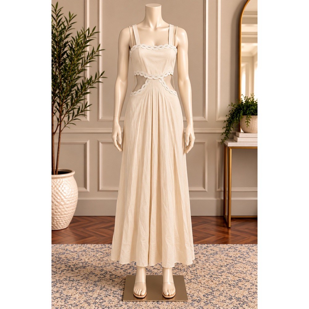 Mango Womens Midi Dress Scalloped Cutout Cream Solid Extra Small